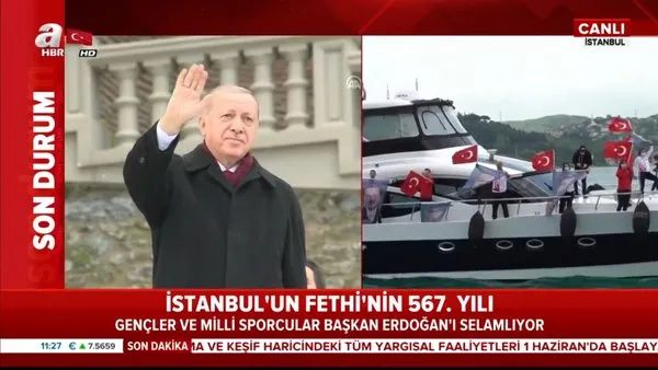 İstanbul'un Fethi'nin 567. yılında gençler ve Milli Sporcular, Cumhurbaşkanı Erdoğan'ı selamladı | Video