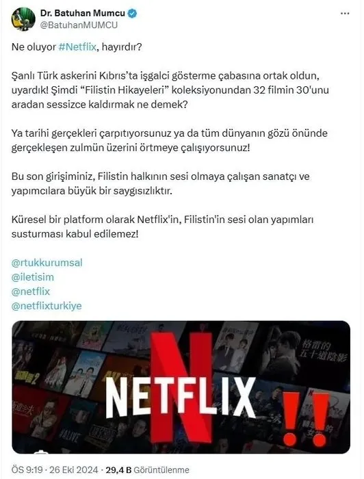 Netflix’ten Gazze sansürü! Filistin yapımı filmler, platformdan kaldırıldı