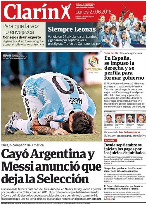 Copa America sonrası Arjantin ve Şili’de gazete manşetleri