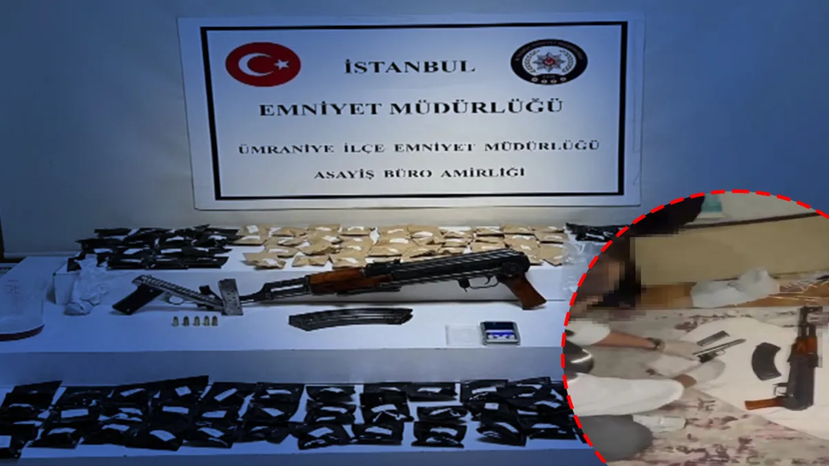 Ümraniye'de uyuşturucu operasyonu kapsamında ele geçirilen silahlar ve uyuşturucu maddeler.
