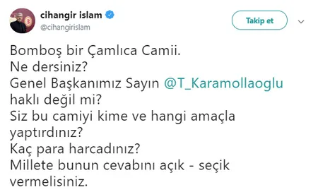 Bu kez SPli Cihangir İslam Çamlıca Camii’ni hedef aldı