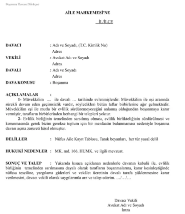 bosanma davasi nasil acilir cekismeli