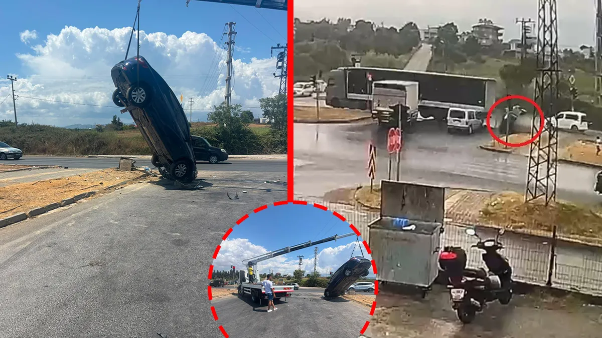 Antalya'da kırmızı ışıkta bekleyen otomobile tırın çarpması sonucu meydana gelen kazada araç takla attı.