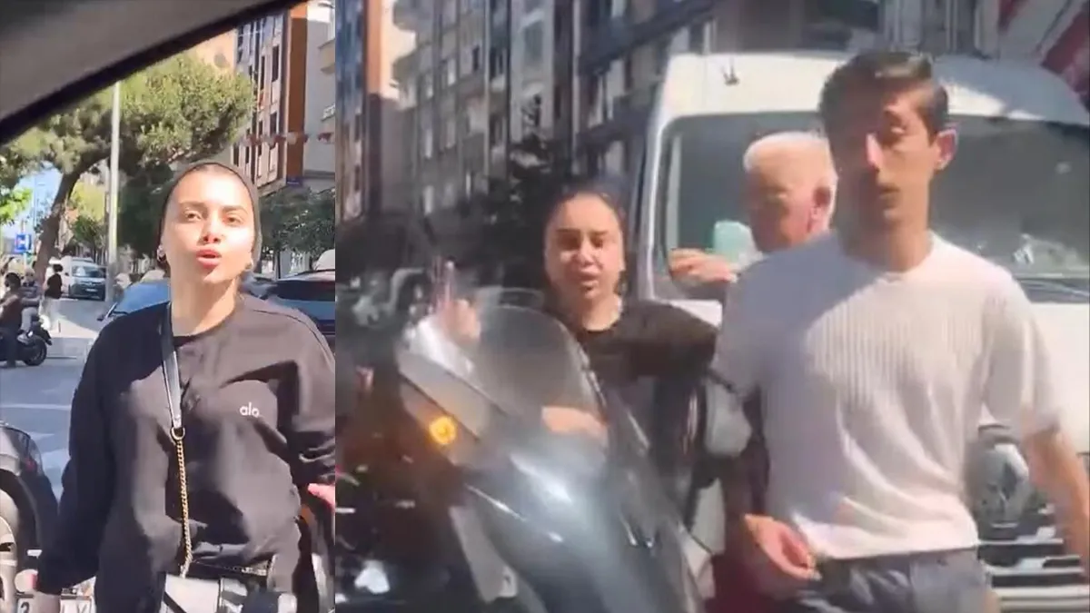 Kağıthane'de trafikte motosikletli bir sürücünün başka bir aracın önünü kesmesi ve sürücüye bağırması.