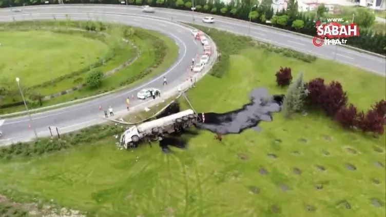 İstanbul TEM Çatalca Yolu'nda devrilen zift yüklü tanker havadan görüntülendi