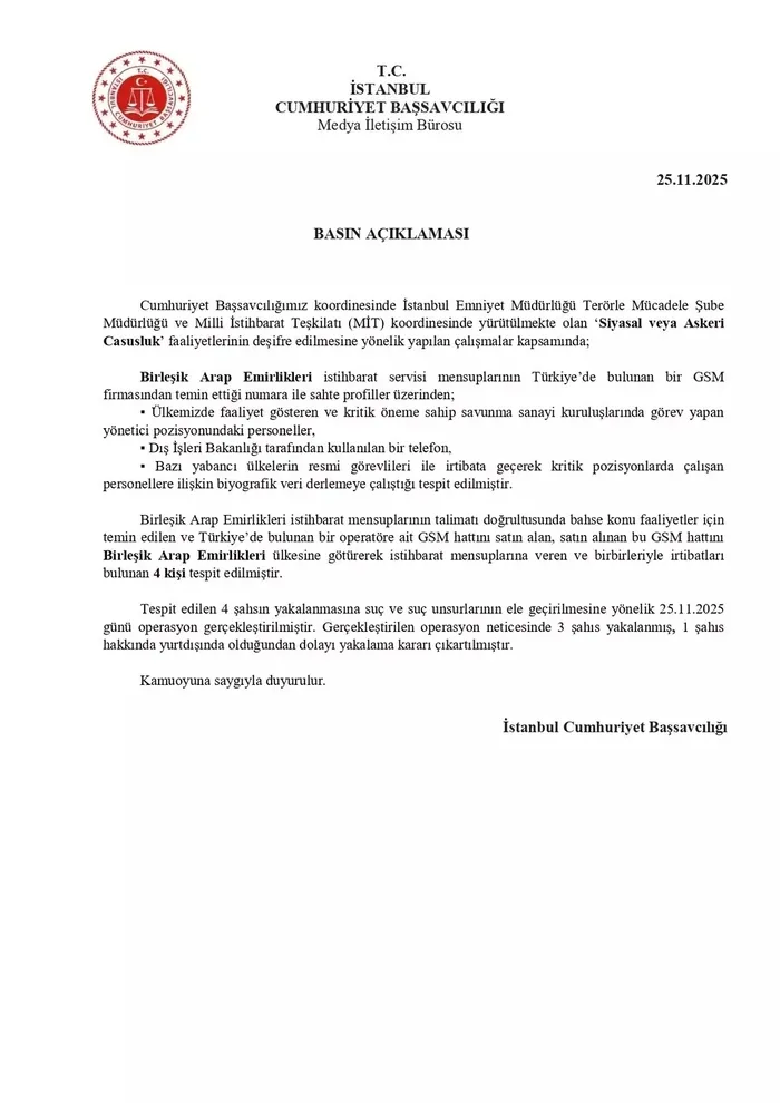 SON DAKİKA | İstanbul Cumhuriyet Başsavcılığı duyurdu! BAE istihbaratına casusluk operasyonu