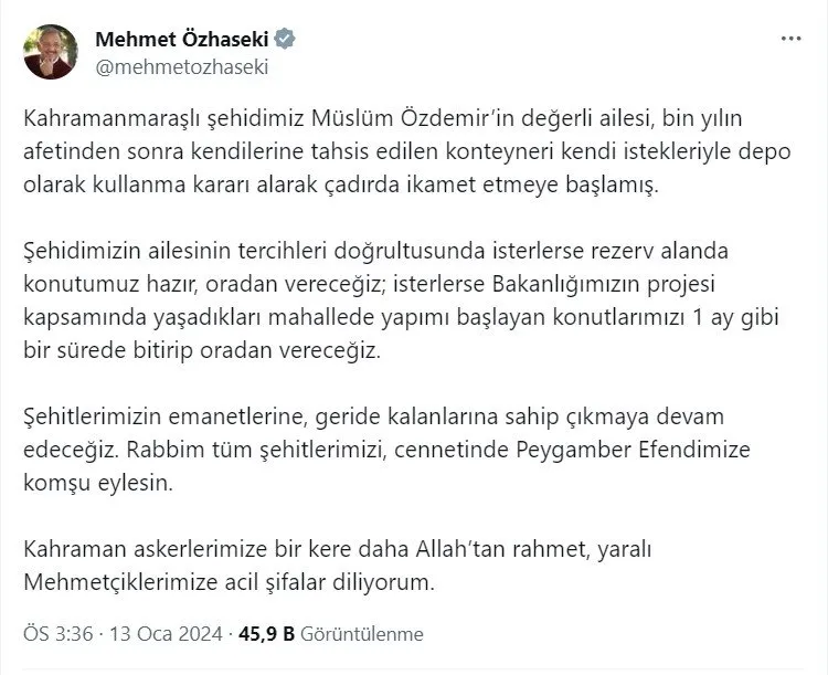 Bakan Mehmet Özhaseki açıkladı: Şehit Müslüm Özdemir’in ailesine evleri en kısa sürede teslim edilecek