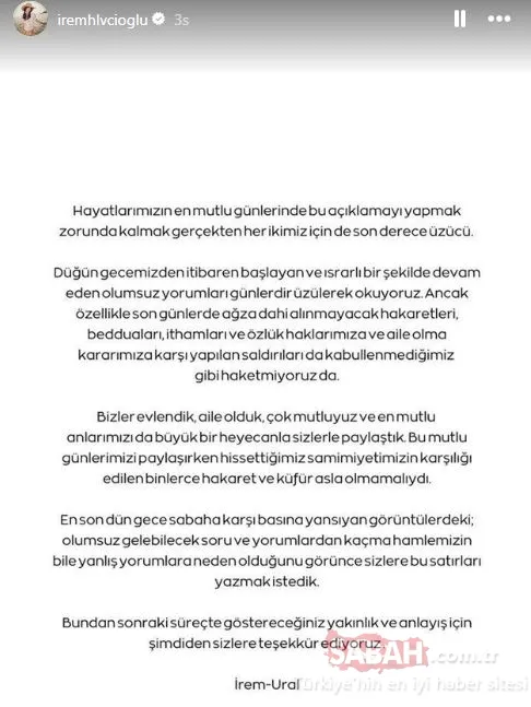 Yeni evli İrem Helvacıoğlu ve Ural Kaspar küfür ve beddualara tepki gösterdi! İrem Helvacıoğlu: Bundan sonraki süreçte…