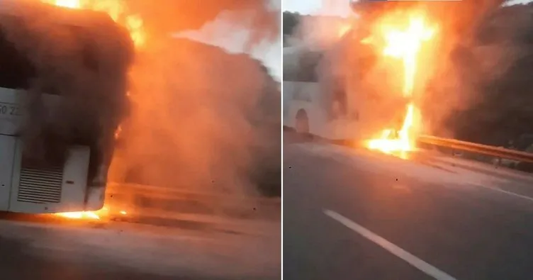 Antalya’da seyir halindeyken alev alan yolcu otobüsü yandı