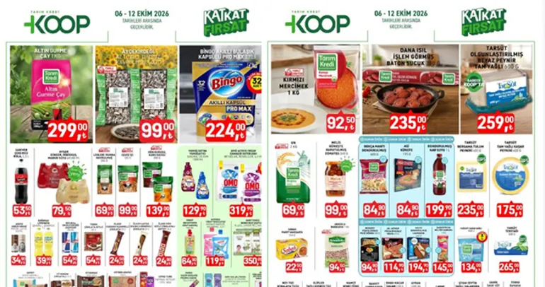 TARIM KREDİ AKTÜEL KATALOG 6 - 12 EKİM 2026 | 1 KG çay 299,00 TL, 32’li bulaşık kapsülü 224,00 TL...