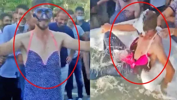 Son dakika haberi... Bursa'da kadın kılığındaki bikinili damattan şaşkına çeviren şov | Video