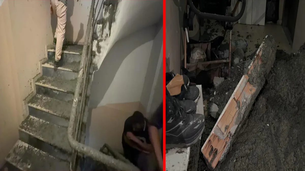 Arnavutköy'de bir inşaat alanında beton dökümü sırasında bitişikteki 6 katlı bir binanın duvarının patlaması sonucu oluşan hasar.
