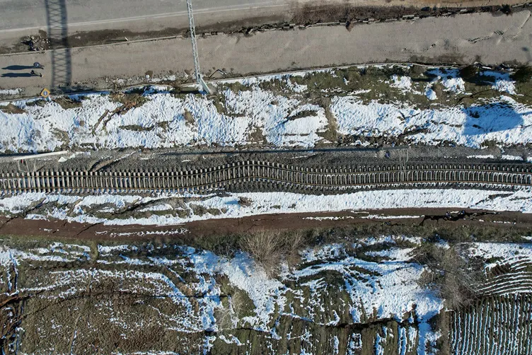 Gölbaşı’nda yamulan tren rayları havadan görüntülendi
