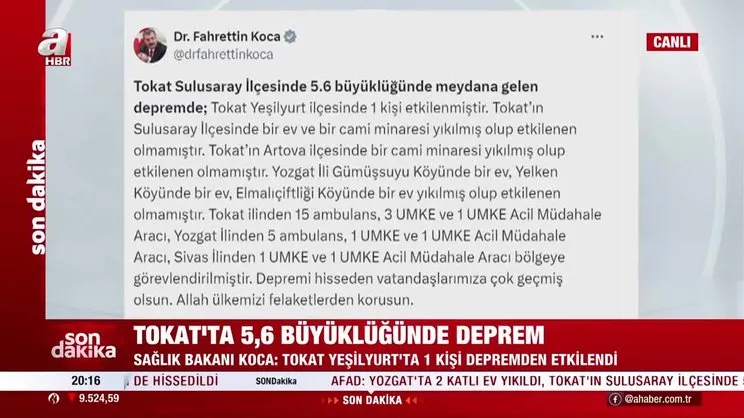 Tokat'taki deprem sonrası Sağlık Bakanı Koca'dan ilk açıklama!