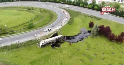 İstanbul TEM Çatalca Yolu’nda devrilen zift yüklü tanker havadan görüntülendi