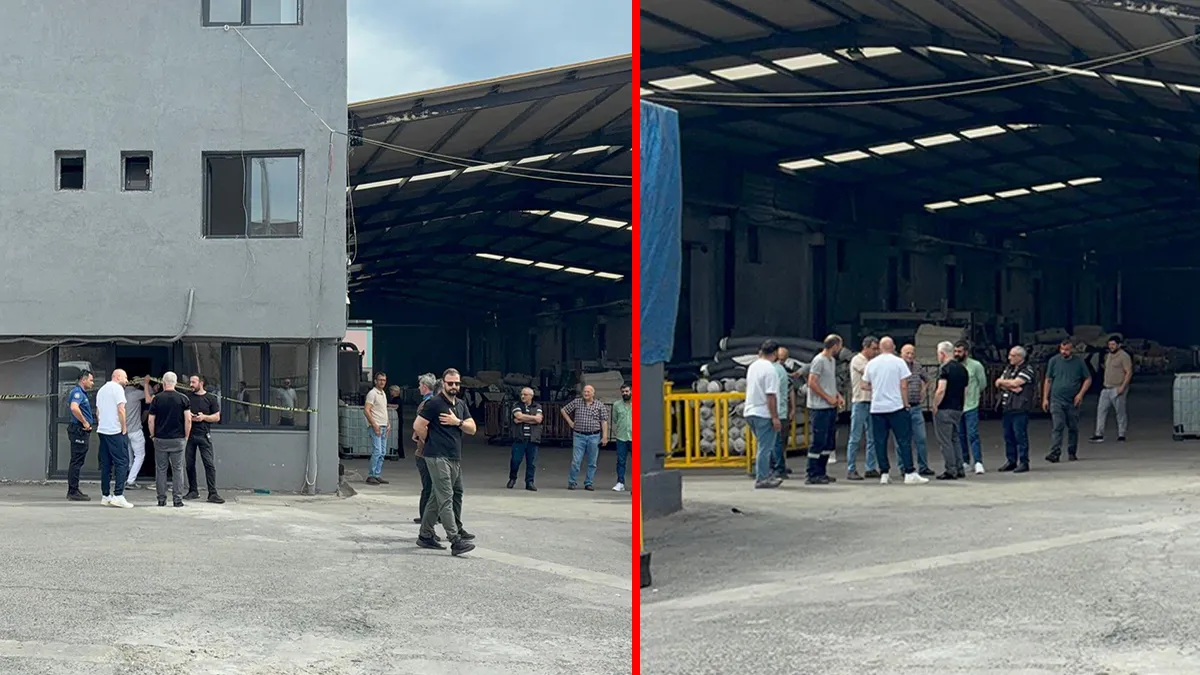 Tekirdağ'da bir fabrikanın önünde jandarma ekiplerinin güvenlik önlemi aldığı ve inceleme yaptığı görüntü.