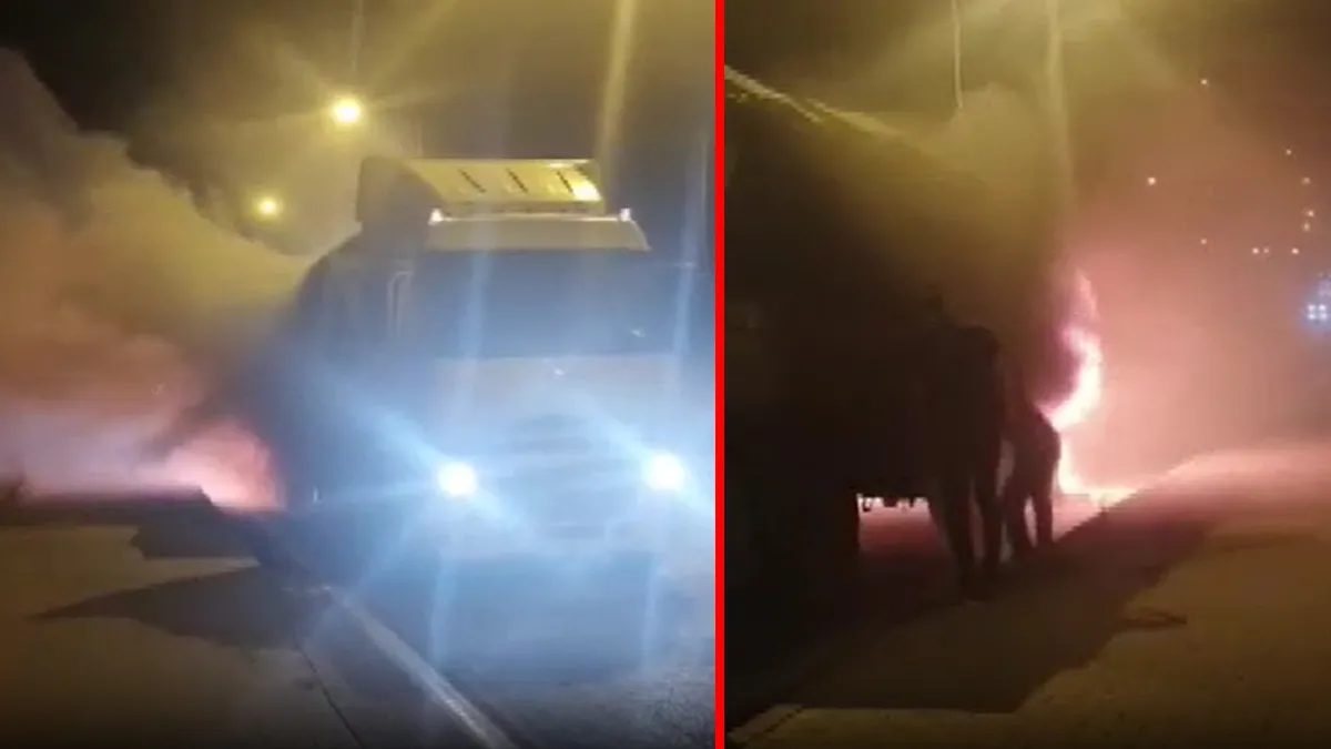 Mardin'de alev alan un yüklü TIR'a müdahale eden itfaiye ekipleri