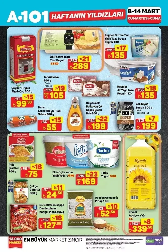 DEV FIRSAT BROŞÜRÜ! A101 aktüel 8-14 Mart indirimleri: Çay, peynir, zeytin, sıvı yağ, yoğurt, toz deterjan, sıvı sabun, süt...
