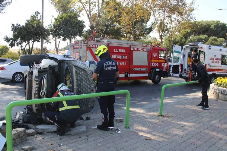 Aydın’da korkutan kaza: Kontrolden çıkan araç yan yattı