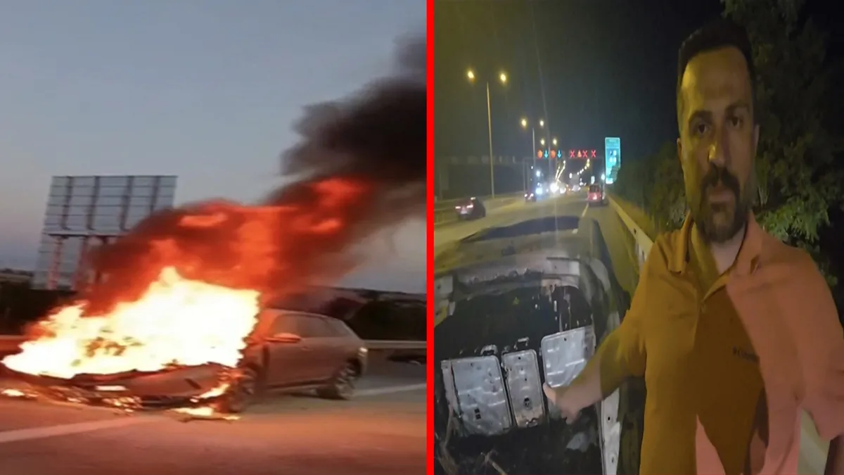 Kuzey Marmara Otoyolu’nda feci yangın! Elektrikli otomobil alev topuna döndü: ‘Ailemi bir buçuk dakika arayla kurtardım!’ Kuzey Marmara Otoyolu’nda feci yangın! Elektrikli otomobil alev topuna döndü: ‘Ailemi bir buçuk dakika arayla kurtardım!’