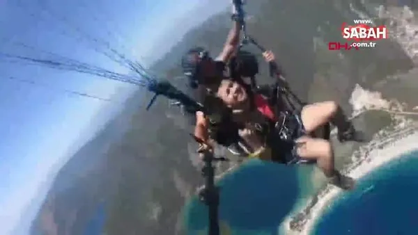 Muğla'da yamaç paraşütüyle atlayış yapan tatilcinin korkusu kamerada