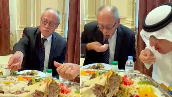 SON DAKİKA: Sosyal medya Japon Büyükelçi Fumio'nun Suudi Arabistan'da eliyle pilav yemeyi öğrendiği bu anları konuşuyor