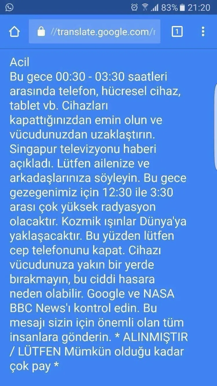 whatsapp tan gelen radyasyon mesaji
