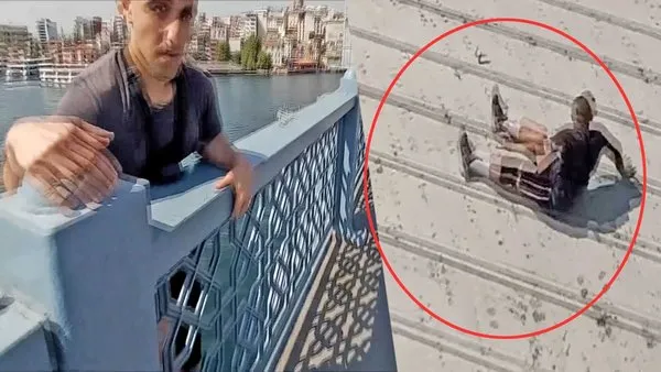 İstanbul Galata Köprüsü'nde sosyal medyada şöhret uğruna ölümcül hareket! Geminin üstüne atlayan genç kamerada...