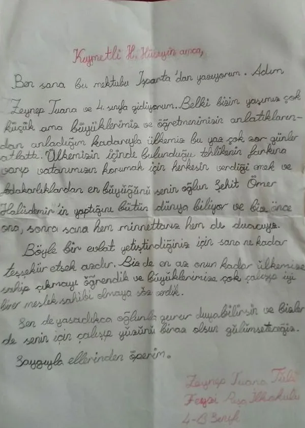Miniklerden Ömer Halisdemir'in ailesine duygu ve cesaret dolu mektuplar...