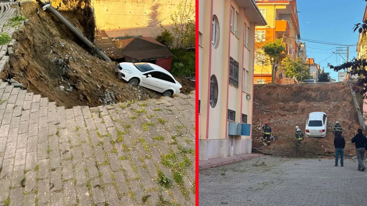 Kocaeli'de faciadan dönüldü: İstinat duvarı çöktü! Otomobil okul bahçesine uçtu