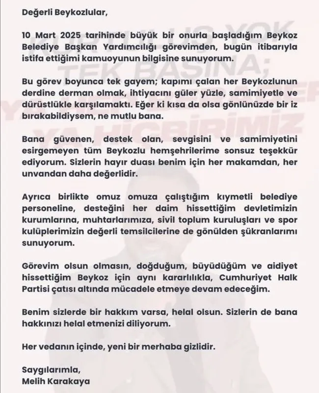 SON DAKİKA... CHP’li Beykoz Belediye’sinde istifa depremi: Başkan Yardımcısı Melih Karakaya da istifa etti!