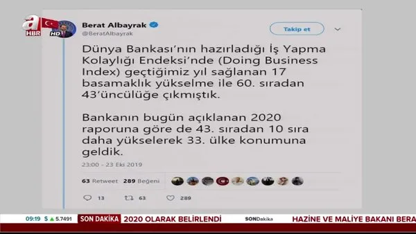 Hazine ve Maliye Bakanı Berat Albayrak'tan açıklama: Türkiye 33'üncü sıraya geldi!