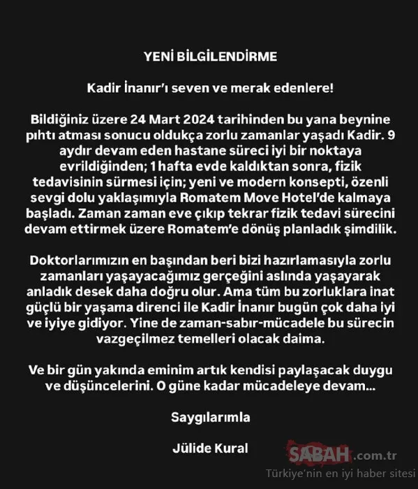 Jülide Kural’dan Kadir İnanır’ın sağlık durumuyla ilgili açıklama: Tüm zorluklara inat…