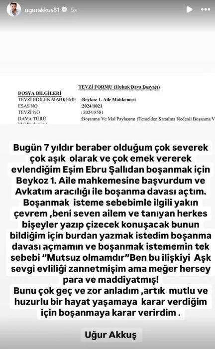Uğur Akkuş ve Ebru Şallı boşanıyor! Uğur Akkuş’tan Ebru Şallı’ya: Her şey para ve maddiyatmış!