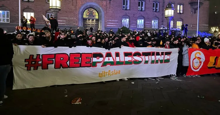 Galatasaraylılar Danimarka’da Filistin’i unutmadı! Ultraslan’dan destek pankartları…