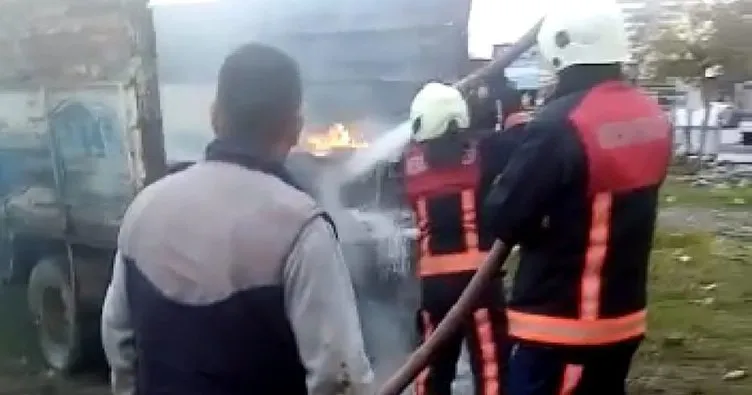 Tarsus’ta park halindeki hurda ve boya yüklü kamyonda yangın çıktı