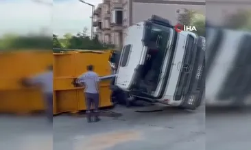 Edirne’de yüklü hafriyat kamyonu damperini kaldırınca devrildi