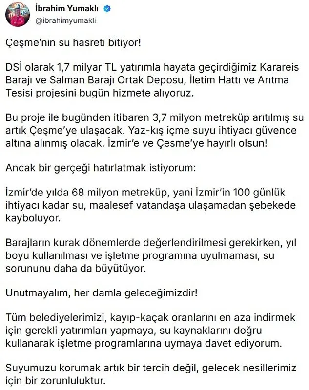 CHP’li belediye susuzluğa terk etmişti! Bakan Yumaklı müjdeyi verdi: Çeşme’nin su hasreti bitiyor!
