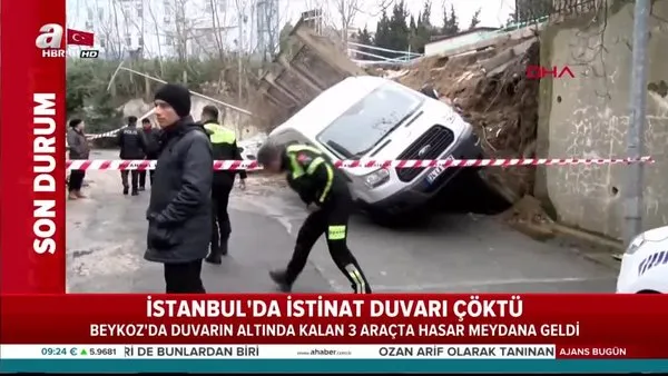 İstanbul Beykoz'da istinat duvarı araçların üzerine çöktü!