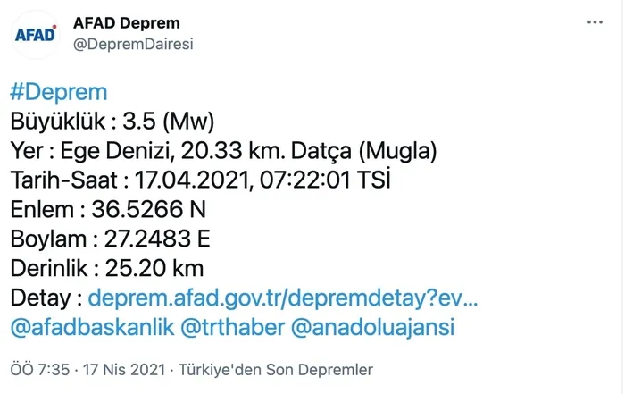 https www sabah com tr yasam 2021 04 17 datca muglada korkutan deprem kandilli rasathanesi ve afad ile son depremler listesi 17 nisan 2021