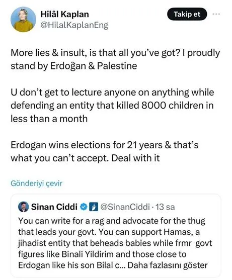 ABD’nin Türkiye düşmanı düşünce kuruluşlarından FDD’nin üyesi Sinan Ciddi, Hilal Kaplan’ı tehdit etti