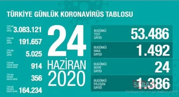 GÜNLÜK TABLO SON DAKİKA - Türkiye’de corona virüsü ölü ve vaka sayısı kaç oldu? 24 Haziran Türkiye corona virüsü ölü ve vaka sayısı son durum!
