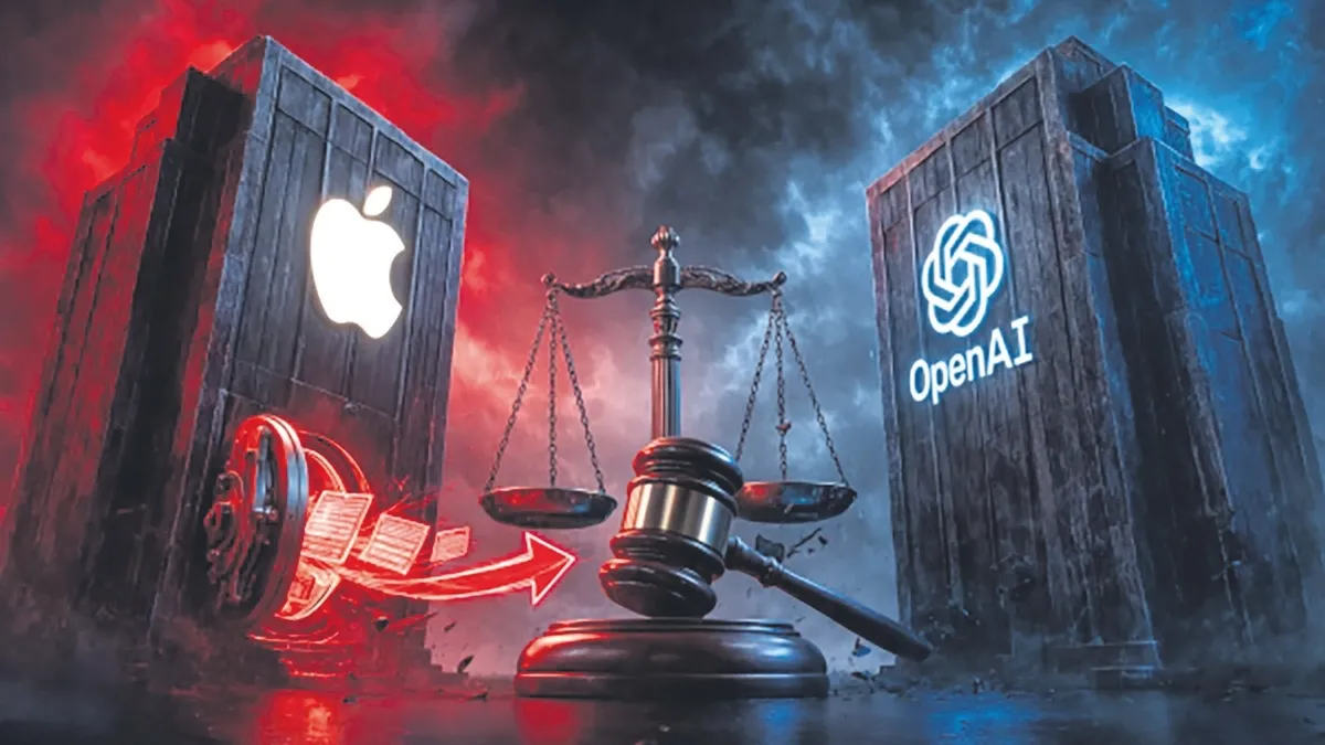 Apple logosu ve OpenAI logosunun yan yana olduğu bir görsel