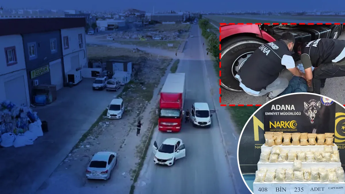 Adana'da polis ekipleri tarafından durdurulan tırın gizli bölmesinden uyuşturucu haplar çıkarılıyor.