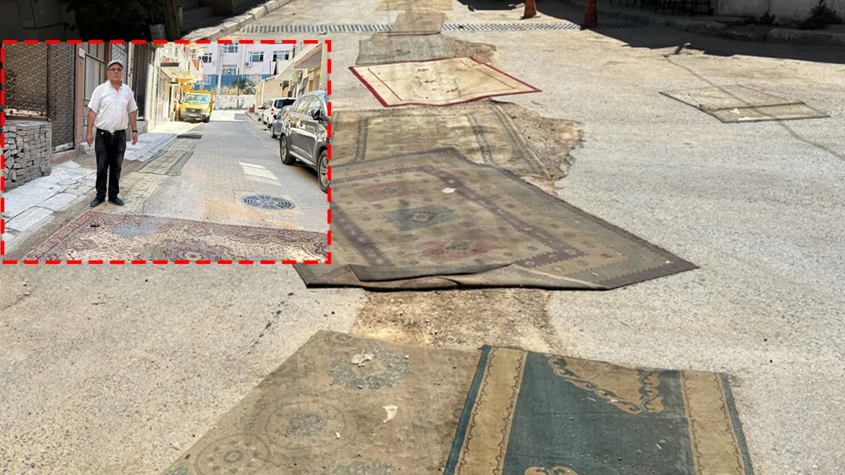 İzmir’de toz isyanı! CHP’li Belediyeden ses çıkmayınca sokaktaki çukurlara halı serip kapadılar haber görseli