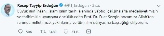 Cumhurbaşkanı Erdoğan'dan Prof. Dr. Sezgin için başsağlığı mesajı - 1