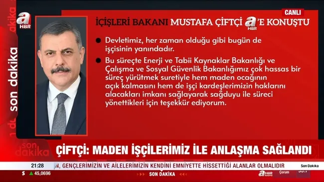 Maden işçilerinin eylemi nasıl sonlandı? Bakan Çiftçi’den A Haber’e özel açıklamalar: Devletimiz her zaman işçinin yanında
