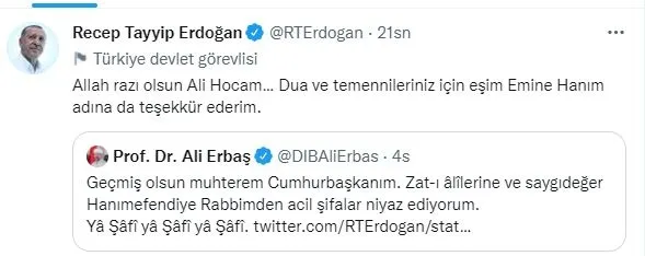 Siyasilerden gelen geçmiş olsun mesajlarına Başkan Erdoğan'dan teşekkür!