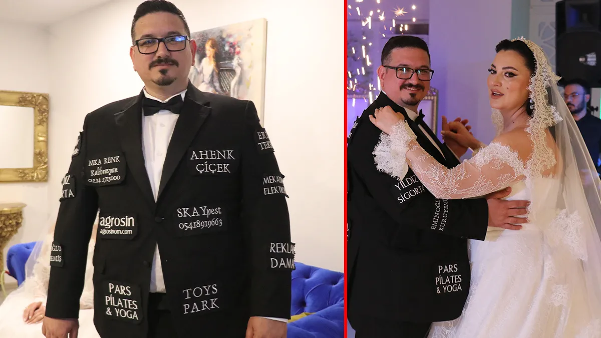 Denizli’de hayrete düşüren olay! Gören bir daha baktı: Damat değil yürüyen reklam panosu! Denizli’de hayrete düşüren olay! Gören bir daha baktı: Damat değil yürüyen reklam panosu!