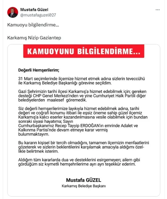 CHP’li belediye başkanı Mustafa Güzel AK Parti’ye geçti: CHP’den destek göremedik...